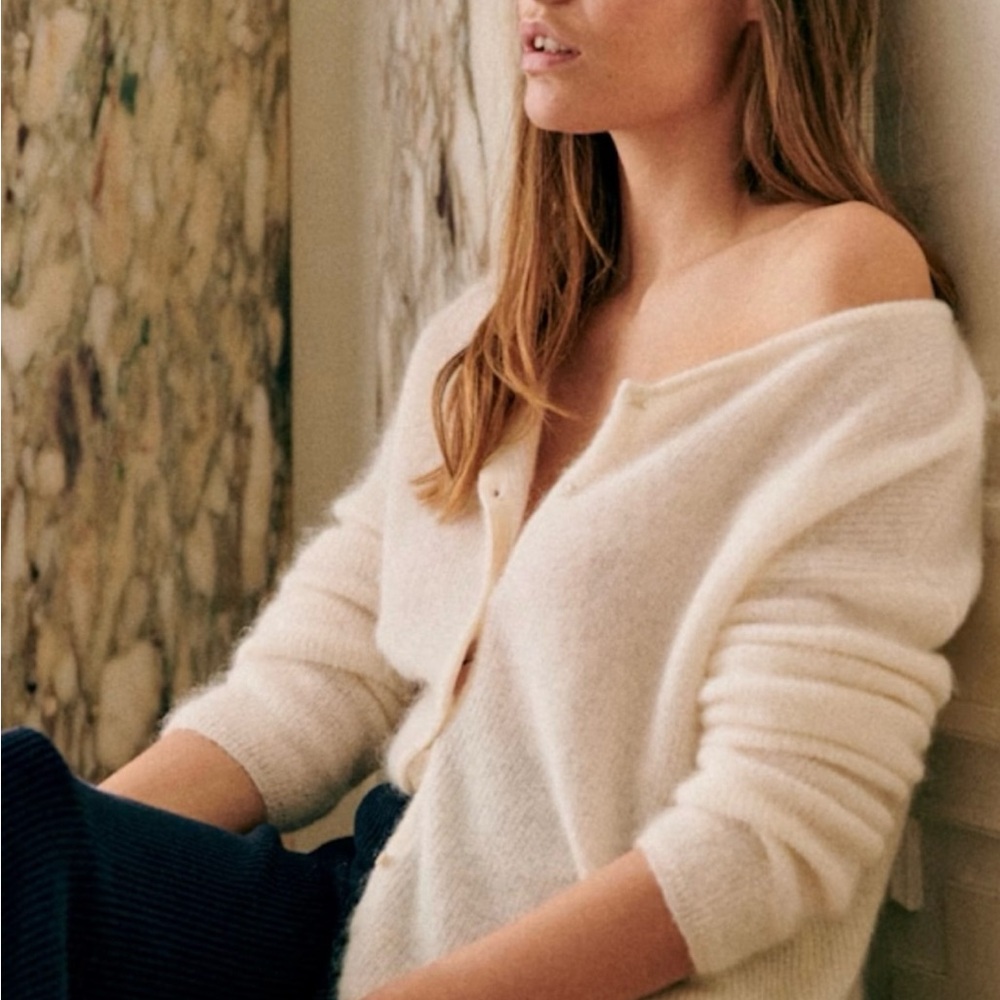 Sezane Cream Fuzzy V-Neck Cardigan
